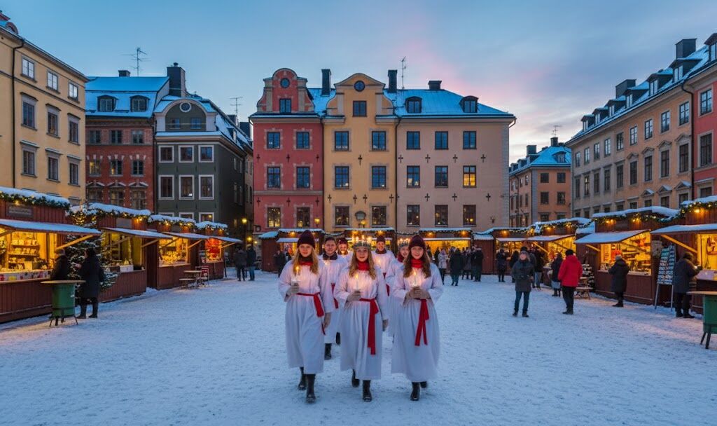 Lucia procession with candles in old town Stockholm