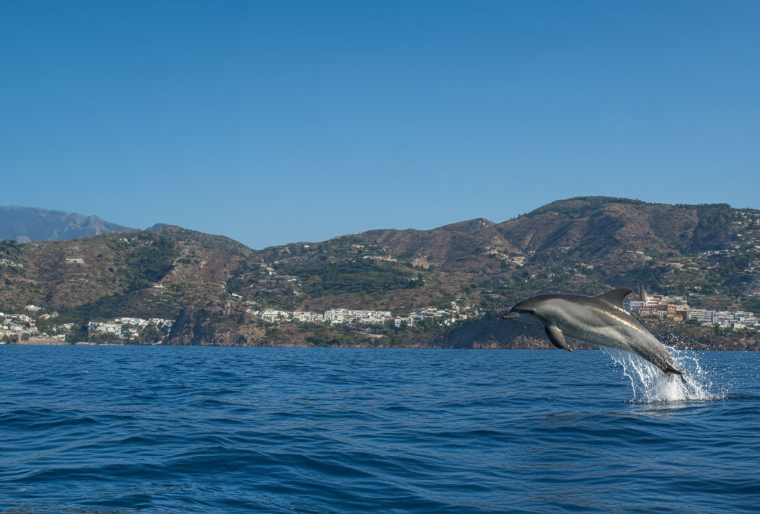 wo dolphins swimming close to the coast of Salobreña, viewed from the Mediterranean near Urbanización Alfa-Mar on a clear sunny day.